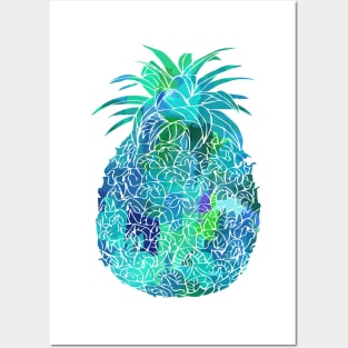 Abstract Brush Stroke Turquoise, Green and Blues Filled Pineapple Design Posters and Art